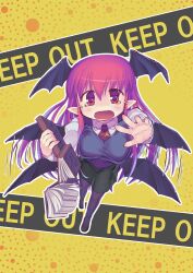  bat_wings book breasts caution_tape commentary_request dress_shirt dropping english_text female flapping from_above head_wings holding holding_book keep_out koakuma large_breasts long_hair multiple_wings necktie nukaji_(kuromahou_kenkyuujo) open_mouth outstretched_arm pantyhose photoshop_(medium) pointy_ears red_eyes red_hair shirt skirt solo tears tie_clip touhou vest wavy_mouth white_shirt wings 