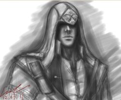  1boy artist_request assassin&#039;s_creed assassin&#039;s_creed_(series) assassin&#039;s_creed_iii coat connor_(assassin&#039;s_creed) connor_(ratohnhak&eacute;:ton) hood leel male male_focus monochrome pixiv_thumbnail resized solo 