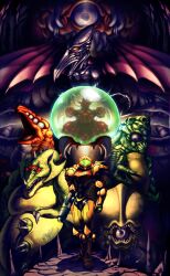  arm_cannon armor assault_visor bad_id bad_pixiv_id brain cave claws crocomire cyclops draygon extra_arms extra_eyes facing_viewer female green_visor highres horns idon_(magna13) kraid metroid metroid_(creature) monster mother_brain one-eyed phantoon power_armor ridley samus_aran science_fiction sharp_teeth spikes stalactite stalagmite standing super_metroid tail teeth tentacle varia_suit weapon wings 