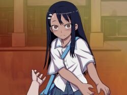  774_(nanashi) bag blue_hair blush brown_eyes commentary_request dark-skinned_female dark_skin duplicate evening female frown hachiouji_naoto hair_ornament hairclip ijiranaide_nagatoro-san long_hair looking_at_viewer nagatoro_hayase out_of_frame photoshop_(medium) pixel-perfect_duplicate pov pov_hands school_uniform shirt skirt 