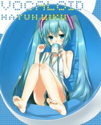  aqua_eyes aqua_hair bad_id bad_pixiv_id bare_legs bare_shoulders barefoot breasts chair cleavage cup feet female full_body hatsune_miku heirou knees_up legs_up long_hair long_toes mug sitting skirt small_breasts soles solo toes very_long_hair vocaloid 