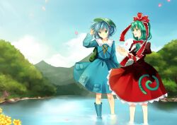  2girls backpack bad_id bad_pixiv_id bag blouse blue_footwear blue_hair blue_shirt blue_skirt boots bow cloud day dress flower frilled_dress frilled_ribbon frilled_shirt_collar frills front_ponytail green_eyes green_hair hair_ornament hair_ribbon hairbow hand_in_own_hair hat highres juliet_sleeves kagiyama_hina kawashiro_nitori key lake long_sleeves looking_away multiple_girls nature nr_(cmnrr) outdoors own_hands_together petals photoshop_(medium) pocket puffy_sleeves red_dress red_ribbon ribbon rubber_boots shirt shoes single_boot single_shoe skirt sky smile touhou tucking_hair two_side_up wading water wind 