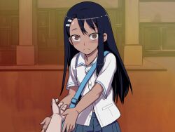  774_(nanashi) bag blue_hair blush brown_eyes commentary_request dark-skinned_female dark_skin evening female hachiouji_naoto hair_ornament hairclip ijiranaide_nagatoro-san long_hair looking_at_viewer nagatoro_hayase out_of_frame photoshop_(medium) pov pov_hands school_uniform shirt skirt 