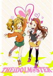  2girls blush brown_hair closed_eyes commentary_request hair_bobbles hair_ornament hairband high_five hood hoodie idolmaster idolmaster_(classic) leg_up long_hair minase_iori multiple_girls open_mouth orange_hair purple_eyes shinoasa shoes skirt smile sneakers stuffed_animal stuffed_rabbit stuffed_toy takatsuki_yayoi twintails usa-chan_(idolmaster) 