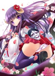  ass black_thighhighs blush commentary_request female flower hair_flower hair_ornament hakama hakama_short_skirt hakama_skirt horns inu_x_boku_ss japanese_clothes long_hair miko milkshakework panties petals photoshop_(medium) pink_panties purple_eyes purple_hair red_hakama scarf shirakiin_ririchiyo skirt solo thighhighs underwear weapon 