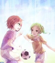  2boys :d androgynous bad_id bad_pixiv_id ball brown_eyes brown_hair green_eyes green_hair inazuma_eleven inazuma_eleven_(series) kiyama_hiroto male_focus midorikawa_ryuuji multiple_boys open_mouth otoko_no_ko playing_sports shain_roki shorts smile soccer_ball soccer_uniform sportswear telstar text_focus 