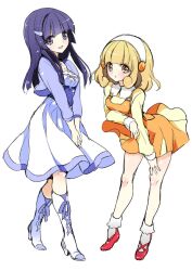  2girls aoki_reika bad_id bad_pixiv_id bare_legs blonde_hair blue_eyes blue_hair blue_skirt bobby_socks boots full_body hair_ornament hairband hairclip leaning_forward long_hair mary_janes multiple_girls orange_skirt precure shoes short_hair skirt smile smile_precure socks v_arms white_background white_hairband yayoi_kise yellow_eyes yukiwo 