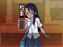  774_(nanashi) :p bag blue_hair blush brown_eyes brown_hair cellphone cellphone_photo commentary_request dark-skinned_female dark_skin facial_hair female frown goatee hair_ornament hairclip ijiranaide_nagatoro-san long_hair looking_at_viewer nagatoro_hayase phone photoshop_(medium) school_uniform shirt skirt solo sweatdrop tongue tongue_out v v_over_eye 