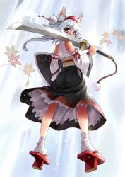  animal_ears bare_shoulders detached_sleeves female floating from_behind full_body geta hat inubashiri_momiji katahira_masashi looking_back over_shoulder red_eyes shield short_hair skirt solo sword sword_over_shoulder tabi tengu-geta tokin_hat touhou weapon weapon_over_shoulder white_hair white_legwear wolf_ears 