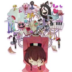  2boys 5girls 6274 bad_id bad_pixiv_id book braid broken_heart everyone gears ghost heart instrument jellyfish_(yume_nikki) knife madotsuki monoe monoko multiple_boys multiple_girls piano_keys pink_shirt poniko sekomumasada_sensei severed_head shirt shitaisan surreal traffic_light transparent_background twin_braids twintails uboa yume_nikki 