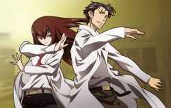  1boy black_hair brown_eyes brown_hair commentary_request facial_hair female lab_coat long_hair makise_kurisu necktie nyoro_(nyoronyoro000) okabe_rintarou pantyhose photoshop_(medium) shorts standing steins;gate stubble 