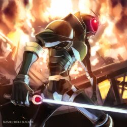  1boy antennae bad_id bad_pixiv_id energy_sword explosion glowing glowing_eyes hajime_(hajime-ill-1st) kamen_rider kamen_rider_black_rx kamen_rider_black_rx_(series) male_focus revolcane solo sword weapon 