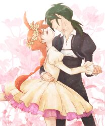  1boy ahiru_(princess_tutu) ahoge alternate_costume arm_around_waist bad_id bad_pixiv_id ballet braid closed_eyes couple dancing dress eyelashes fakir_(princess_tutu) female fli-rabbit freckles green_hair holding_hands long_hair orange_hair photoshop_(medium) ponytail princess_tutu single_braid smile standing straight tutu 