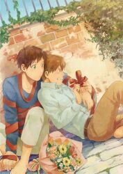  2boys ahoge annoyed arm_around_shoulder axis_powers_hetalia bad_id bad_pixiv_id barefoot belt blush bouquet brick brick_wall brown_hair clenched_teeth dutch_angle fingernails flower green_eyes leaning leaning_back long_sleeves male_focus multiple_boys pants photoshop_(medium) plant ribbon sitting sky southern_italy_(hetalia) spain_(hetalia) sweat teeth untying vines wall zukki_(suzukio) 