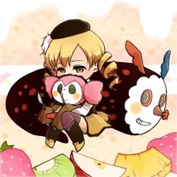  animal animal_hug apple beret blonde_hair charlotte_(madoka_magica) chibi commentary_request drill_hair female food fork fruit green_eyes hat kiwi_(fruit) magical_girl mahou_shoujo_madoka_magica mahou_shoujo_madoka_magica_(anime) photoshop_(medium) pineapple snowberry solo spoon strawberry tomoe_mami tomoe_mami_(magical_girl) twin_drills twintails yellow_eyes 