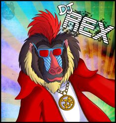  2011 anthro brown_body brown_fur clothing dj_rex eyewear fur hair haplorhine isabellaprice jewelry male mammal mandrill monkey necklace old_world_monkey primate red_hair solo sunglasses yellow_body yellow_fur 