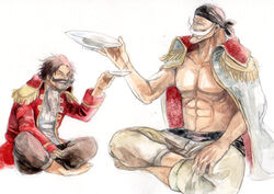  2boys abs bandana beard chikama_(minka) commentary_request crossed_legs cup edward_newgate facial_hair gol_d._roger happy male_focus moustache multiple_boys muscular muscular_male one_piece simple_background sitting topless_male white_background 