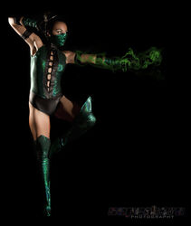  adam_jay black_background bun cosplay female hair_bun half_mask jade jade_(mortal_kombat) leotard mortal_kombat photo solo soni_balesta thighhighs 