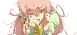  bad_id bad_pixiv_id banana eyebrows female food fruit green_eyes jinrui_wa_suitai_shimashita long_hair messy_hair nishimuku_meri open_mouth pink_hair sexually_suggestive simple_background solo watashi_(jintai) 