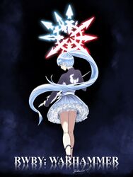  artist_name belt blue_eyes crossover dark_background darkbearlab earrings female fog glyph high_heels legs long_hair looking_at_viewer looking_back ponytail rapier rwby scar skirt steam warhammer_40k weiss_schnee white_hair 