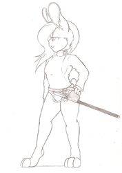  anthro better_version_at_source buckteeth clothed clothing denzeltip female fur hair hi_res lagomorph leporid mammal melee_weapon monochrome rabbit rapier sabre_(weapon) solo standing sword teeth weapon 