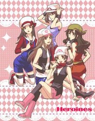  5girls bandana boots commentary_request cosplay costume_switch dawn_(pokemon) dawn_(pokemon)_(cosplay) hat hat_ribbon hilda_(pokemon) hilda_(pokemon)_(cosplay) kneeling leaf_(pokemon) leaf_(pokemon)_(cosplay) lyra_(pokemon) lyra_(pokemon)_(cosplay) may_(pokemon) may_(pokemon)_(cosplay) michaelovten multiple_girls painttool_sai_(medium) pink_footwear pokemon pokemon_bw pokemon_dppt pokemon_emerald pokemon_frlg pokemon_hgss pokemon_rse red_ribbon ribbon sitting thighhighs 