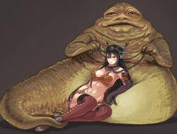  bikini bondage chains collar commentary_request cosplay crossover elbow_gloves female full_body gloves gufu_(guffuumu) headgear jabba_the_hutt kantai_collection leash long_hair monster nagato_(kancolle) navel photoshop_(medium) princess_leia_organa_solo princess_leia_organa_solo_(cosplay) sitting sitting_on_person slave star_wars star_wars:_return_of_the_jedi swimsuit thighhighs 