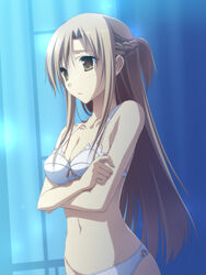  asuna_(sao) bra breasts brown_eyes brown_hair commentary_request crossed_arms female highres long_hair medium_breasts panties photoshop_(medium) solo sword_art_online takepon underwear underwear_only white_bra white_panties 