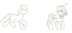  ambiguous_gender better_version_at_source cutie_mark denzeltip duo earth_pony equid equine exclamation_point fan_character feral hasbro horse mammal monochrome my_little_pony open_mouth pony smile standing 