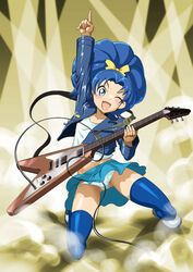  ;d arm_up blue_eyes blue_hair bow cable commentary_request cropped_jacket electric_guitar female full_body guitar hairbow highres instrument kirakira_precure_a_la_mode long_hair looking_at_viewer miniskirt oerba_yun_fang on_one_knee one_eye_closed open_mouth panties pointing pointing_up precure shimotsuki_juugo shoes skirt smile smoke solo tategami_aoi thighhighs underwear v-shaped_eyebrows 