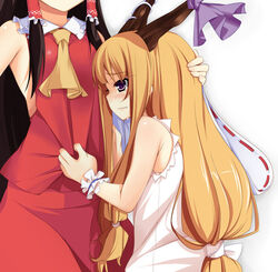  2girls ascot bad_id bad_pixiv_id bare_shoulders black_hair blush crying hair_tubes hakurei_reimu hand_on_another&#039;s_head head_out_of_frame height_difference highres horn_ornament horn_ribbon horns ibuki_suika long_hair multiple_girls nishimuku_meri no_bra orange_hair profile purple_eyes ribbon shirt shirt_grab simple_background sleeveless sleeveless_shirt tears touhou upper_body wrist_cuffs 