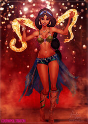  1girls aladdin arabian belly_dancer belly_dancer_outfit bikini_top black_hair brown_eyes dark-skinned_female disney disney_princess female female_only holding_animal isaiahstephens large_breasts long_hair looking_at_viewer microphone navel_piercing princess_jasmine snake solo 