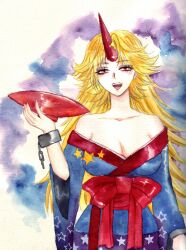  bad_id bad_pixiv_id bare_shoulders blonde_hair blue_kimono breasts cleavage cup female horns hoshiguma_yuugi hoshiguma_yuugi_(kimono) japanese_clothes keika_(ke777) kimono large_breasts open_mouth painting_(medium) red_eyes sakazuki single_horn solo touhou traditional_media watercolor_(medium) yukata 