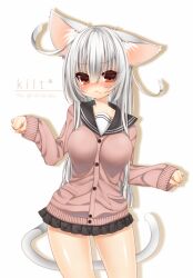  animal_ears blush breasts brown_eyes cat_ears cat_tail character_name english engrish female frown inuue_kiyu kilt_(inuue_kiyu) large_breasts long_hair looking_at_viewer oerba_yun_fang original ranguage school_uniform skirt sleeves_past_wrists solo sweater tail white_hair 