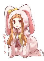  animal_costume bad_id bad_pixiv_id blush bow cosplay female highres ichihara_nina idolmaster idolmaster_cinderella_girls kigurumi kneeling long_hair long_sleeves open_mouth orange_eyes orange_hair paopao rabbit_costume solo white_background 