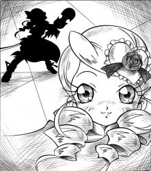  arukime commentary_request drill_hair female flower greyscale hair_ornament instrument kanaria monochrome rozen_maiden silhouette smile solo 