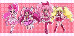  4girls antenna_hair blonde_hair blue_eyes boots bow bowtie braid brooch choker color_connection commentary_request corset cure_blossom cure_happy cure_melody cure_peach floral_background flower fresh_precure! full_body hair_ornament hairbow hairpin hanasaki_tsubomi head_wings heart heart_brooch heart_hair_ornament heartcatch_precure! high_ponytail hoshizora_miyuki houjou_hibiki in-franchise_crossover jewelry jumping knee_boots long_hair low_twintails magical_girl midriff momozono_love multiple_girls outstretched_arms pink_background pink_bow pink_bowtie pink_choker pink_eyes pink_footwear pink_hair pink_legwear pink_skirt pink_theme pink_wrist_cuffs ponytail precure puffy_sleeves ribbon shoes skirt smile smile_precure spread_arms standing standing_on_one_leg suite_precure suitsugu thighhighs tiara twintails very_long_hair wide_ponytail wings wrist_cuffs 