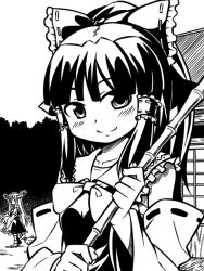  2girls bamboo_broom bow broom chacha_(tyatya) commentary_request greyscale hair_tubes hairbow hakurei_reimu horns ibuki_suika long_hair looking_at_viewer monochrome multiple_girls partial_commentary photoshop_(medium) smile touhou very_long_hair 