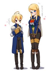  1boy agrias_oaks ahoge annoyed armor blonde_hair blue_eyes blush boots braid breast_squeeze breasts cadd_kiriyama cape cosplay costume_switch female final_fantasy final_fantasy_tactics large_breasts long_hair open_mouth ramza_beoulve red_eyes short_hair trap uniform 