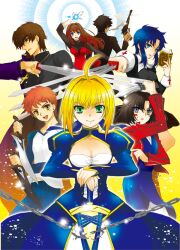  3boys 4girls aozaki_aoko arm_at_side arm_up armor armored_dress artoria_pendragon_(fate) avalon_(fate/stay_night) between_fingers bible_(object) black_eyes black_hair black_keys_(type-moon) blonde_hair blue_eyes blue_hair book breasts broken broken_chain brown_hair chains ciel_(tsukihime) cigarette cleavage command_spell commentary_request company_connection cross cross_necklace cross_print crossed_arms crossed_swords crossover dress dual_wielding emiya_kiritsugu emiya_shirou excalibur_(fate/stay_night) fate/stay_night fate/zero fate_(series) green_eyes gun hand_up handgun hands_on_hilt hands_up himuro_s holding holding_book holding_gun holding_knife holding_sword holding_weapon jacket japanese_clothes jewelry kanshou_&amp;_bakuya_(fate) kara_no_kyoukai kimono knife kotomine_kirei long_hair looking_at_viewer magic mahou_tsukai_no_yoru medium_breasts multicolored_eyes multiple_boys multiple_girls mystic_eyes_of_death_perception necklace open_mouth orange_hair outstretched_arm own_hands_together planted planted_sword raglan_sleeves red_eyes red_jacket reverse_grip ryougi_shiki saber_(fate) sheath sheathed short_hair smile smoke smoking sword thompson/center_contender trigger_discipline tsukihime type-moon weapon yellow_eyes yin_yang 