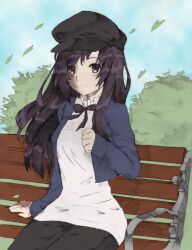  bench bow bowtie burn_scar cabbie_hat female ge-b hat highres ikezawa_hanako jacket katawa_shoujo long_hair looking_at_viewer outdoors purple_eyes purple_hair scar smile solo 