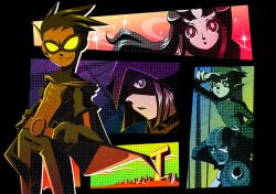  2girls 3boys :o animification beast_boy_(dc) bob_cut cape commentary_request cyborg_(dc) dc_comics dick_grayson domino_mask hood ladama mask multiple_boys multiple_girls one-eyed photoshop_(medium) polka_dot profile raven_(dc) robin_(dc) starfire teen_titans 