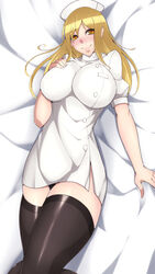  07th_expansion 1girls 2022 bed bed_sheet big_breasts black_legwear black_panties black_thighhighs blonde_hair blush blushing breasts buttons byakkun clothed clothed_female clothes clothing crossed_legs female female_focus female_only form_fitting fully_clothed hand_on_breast higurashi_no_naku_koro_ni hips huge_breasts human human_only humanoid large_breasts laying_down laying_on_back laying_on_bed light-skinned_female light_skin long_hair looking_at_viewer nurse nurse_cap nurse_uniform orange_eyes panties panties_peek skin_tight smile solo solo_female solo_focus takano_miyo thick thick_thighs thigh_gap thighhighs thighs white_background white_bed_sheet white_clothes white_clothing wide_hips 