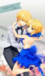  1boy alternate_costume arnoul artoria_pendragon_(fate) bad_id bad_pixiv_id blonde_hair bow bowtie breasts commentary_request dancing dress fate/stay_night fate_(series) female frilled_dress frills gilgamesh_(fate) green_eyes hair_bun high_heels medium_breasts photoshop_(medium) red_eyes saber_(fate) shoes sideboob single_hair_bun 