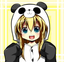  :3 :d animal_costume blonde_hair blue_eyes blush buttons commentary_request female long_hair long_sleeves looking_at_viewer open_mouth panda_costume shin-mottie sidelocks simple_background sleeves_past_wrists smile solo tareme teeth toshinou_kyouko upper_body yellow_background yuru_yuri 