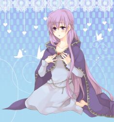  belly_chain blue_background blue_dress blush bug butterfly cloak collarbone commentary_request dress female fire_emblem fire_emblem:_the_binding_blade hand_on_own_chest heart jewelry konoha2014 long_hair long_sleeves purple_eyes purple_hair solo sophia_(fire_emblem) very_long_hair 