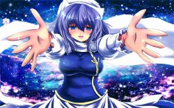  bad_id bad_pixiv_id blue_eyes blush breasts clothes_pin cloud female hat highres incoming_hug large_breasts letty_whiterock light_purple_hair long_sleeves looking_at_viewer nekominase open_hands open_mouth outstretched_arms reaching scarf short_hair sky solo star_(sky) starry_sky touhou 