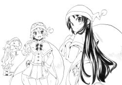  3girls akiyama_mio blood blush commentary_request greyscale hair_down hairband k-on! kotobuki_tsumugi long_hair monochrome multiple_girls nome_(nnoommee) nosebleed open_mouth santa_costume school_uniform snowman tainaka_ritsu unworn_hairband unworn_headwear 