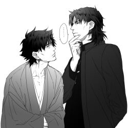  2boys bad_id bad_pixiv_id cheekbones cross cross_necklace emiya_kiritsugu fate/stay_night fate_(series) greyscale japanese_clothes jewelry kagami_ei kimono kotomine_kirei male_focus monochrome multiple_boys necklace 