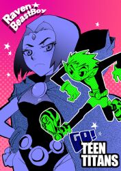  1boy airjar animification beast_boy_(dc) character_name commentary_request copyright_name dc_comics female forehead_jewel monochrome raven_(dc) running short_hair teen_titans 